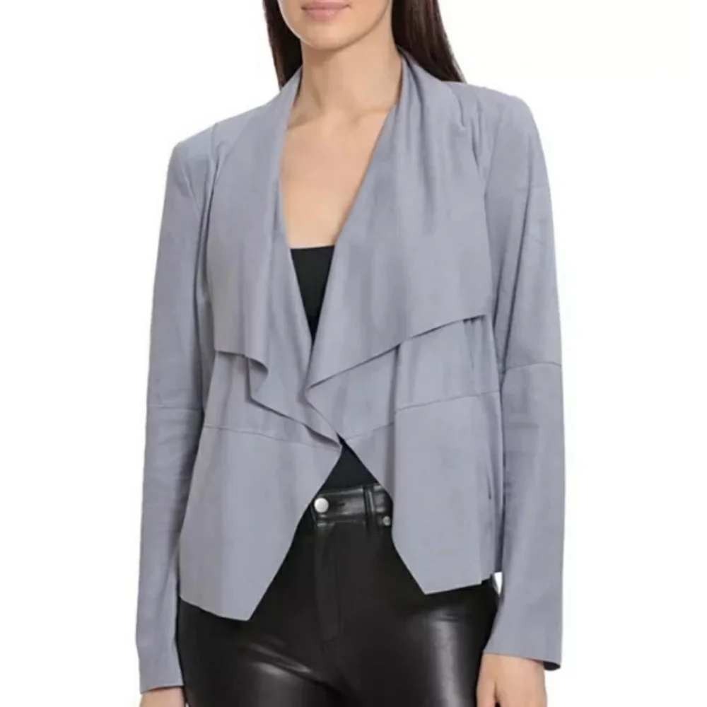 Bagatelle Collection XL Blue Faux Suede Draped Waterfall Jacket Soft Open